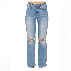 High Rise Blue Ripped Straight Leg Jeans
